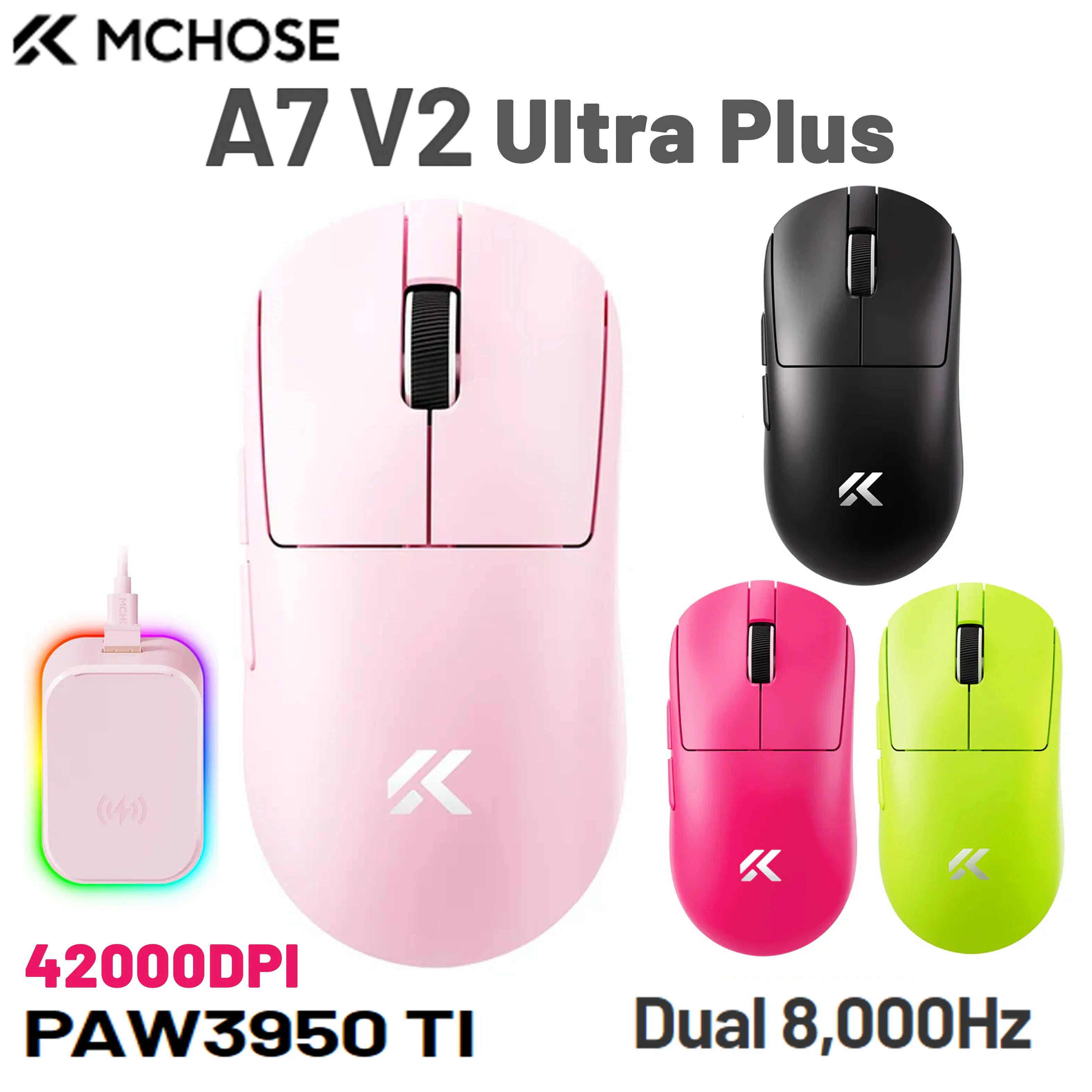 MCHOSE A7V2 Ultra Plus eSports Game 3950TI Trimode Mouse 42000DPI Lightweight Double 8k Mouse Imported Super Glide Glass Coating
